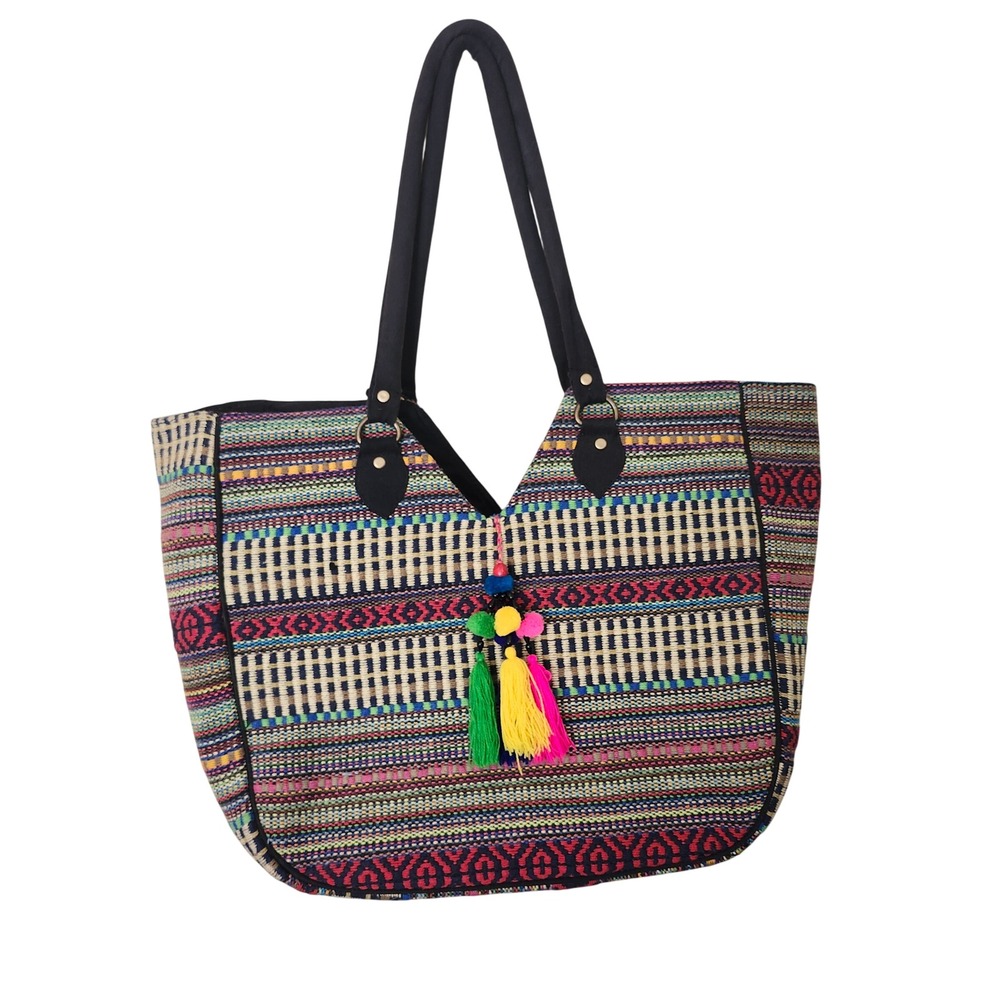 Tribe Azure Fair Trade Tote Bag Womens Large Multicolor Woven Cotton Boho Tassel